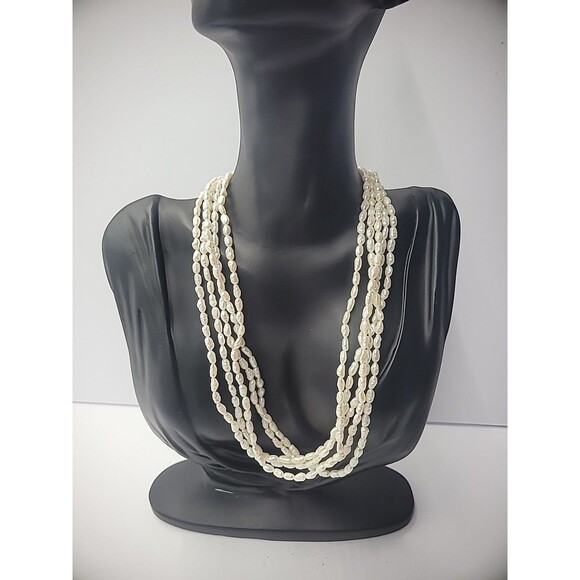 Vintage Necklace Multi Strand Beaded Gold Tone White Bead Slide Clasp Jewelry - Picture 3 of 12